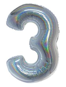 Folieballon Holografisch Zilver Cijfer &apos;3&apos; - 102cm