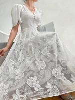 Plain Lace V Neck Elegant Dress - thumbnail