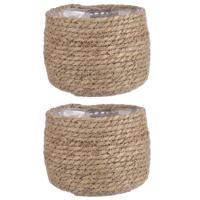 Mica Decorations Bloempot - 3x - rotan - beige - jute - 18 x 15 cm