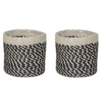 2x stuks naturel zwart rotan planten pot mand van gedraaid jute/riet H14 en D14 cm - thumbnail