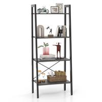 4-Shelf Boekenkast Plank met Metalen Frame Anti-Tip Kit en Verstelbare Poten Plant Plank voor Woonkamer Keuken Kantoor Bruin