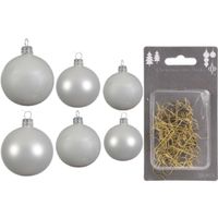 Groot pakket glazen kerstballen 50x winter wit glans/mat 4-6-8 cm incl haakjes - thumbnail