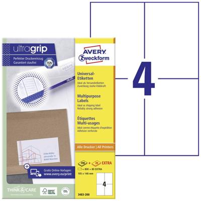 Avery-Zweckform 3483-200 Universele etiketten 105 x 148 mm Papier Wit 880 stuk(s) Permanent hechtend Inkjet, Laser (zwart/wit), Laser (kleur), Kopiëren