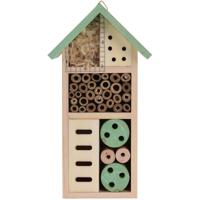 Insectenhotel huisje - groen dak - 13 x 9 x 26 cm - hout - bijenhuis/vlinderhuis