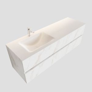 Badkamermeubel BWS Valencia Carrara Mat 150 cm Solid Surface Wastafel Links (1 kraangat, 2 lades)