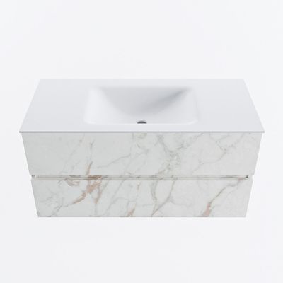 MONDIAZ VICA 100cm badmeubel onderkast Carrara 2 lades. Wastafel CLOUD midden 1 kraangat, kleur Talc.