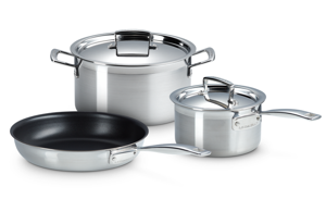 Le Creuset 3- delige Pannenset 3-ply - RVS - Inductie - Koekenpan, Kookpan & Steelpan - inclusief 2 deksels