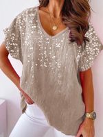 Linen V Neck Floral Casual Shirt