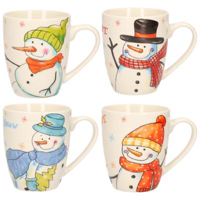 Sneeuwpop kerstmokken - Set van 4x stuks - 300 ml - chocolademelk bekers - voor kinderen