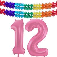 Folat Verjaardag Leeftijd folieballon - 12 jaar - roze - 86 cm - incl 2x slingers