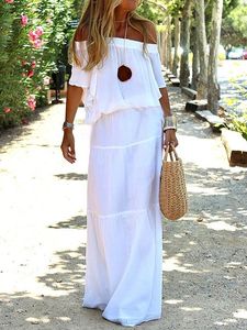 Boat Neck Loosen Casual Solid White Wedding Maxi Short sleeve Woven Dress