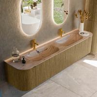 Badmeubel Mondiaz Kurve-Dlux | 200 cm | Meubelkleur Dusk | Wastafelkleur Arena | Solid surface | Wasbak beide zijden spoelbak | 2 kraangaten