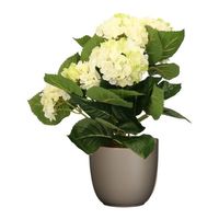 Hortensia kunstplant/kunstbloemen 36 cm - wit/groen - in pot taupe mat - Kunstplanten - thumbnail