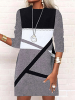 Crew Neck Casual Color Block Loose Dress With No - thumbnail