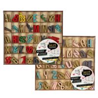 Houten alfabet letters en cijfers - kleuren mix - 234x stuks - hoogte 2.5 cm per stuk - thumbnail