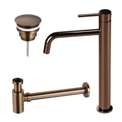Fortifura Calvi Slim Wastafelkraanset - verhoogde wastafelkraan - always open plug - verlaagde design sifon - Geborsteld koper PVD (Koper) SW799403/SW970030/SW799405