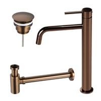 Fortifura Calvi Slim Wastafelkraanset - verhoogde wastafelkraan - always open plug - verlaagde design sifon - Geborsteld koper PVD (Koper) SW799403/SW970030/SW799405