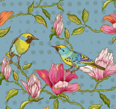 Behang bloemen Gele vogels met bloemen