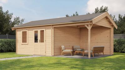 Lugarde Select Blokhut met overkapping Oosterbeek 400x400cm + 300cm - Onbehandeld- Zadeldak- - Lugarde Select