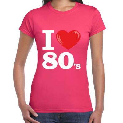 Disco T-shirt dames - I love 80s - roze - eighties thema party - verkleedkleding - themafeest