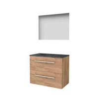Basic-Line Ultimate 46 Badkamermeubelset - 80 x 46 cm - Met Grepen - 2 Lades - Hardstenen Wastafel - 1 Kraangat - Spiegel met Indirecte LED Verlichting - Whisky Oak