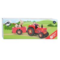 Small Foot houten tractor met aanhangwagen rood en speelfiguren, 4dlg.