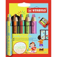 STABILO woody 3 in 1 duo, multifunctioneel kleurpotlood met tweekleurige punt- 5 stuks in kartonnen etui + puntenslijper