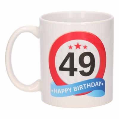 49 jaar Verjaardag koffiemok - cadeau beker - stopbord print - 300 ml - keramiek - wit