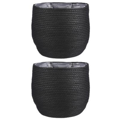 Mica Decorations Bloempot - 2x stuks - rotan - zwart - jute - 26 x 24 cm - Met plastic binnenkant