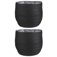 Mica Decorations Bloempot - 2x stuks - rotan - zwart - jute - 26 x 24 cm - Met plastic binnenkant