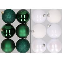 12x stuks kunststof kerstballen mix van donkergroen en wit 8 cm - Kerstbal - thumbnail