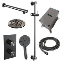 Regendoucheset Inbouw Brauer Gunmetal Carving Thermostatisch 20 cm met 3-Weg Omstelling, Wandarm, Glijstang en Handdouche 3-Standen Geborsteld