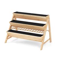 3-laags Houten Plantenbed met Opbergruimte 2 Haken en 3 Plantfolies Natuurlijk