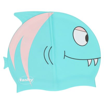 Turquoise blauw/roze kinder badmuts met haai/vis Turquoise blauw/roze kinder badmuts met haai/vis