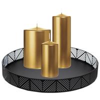 Cilinderkaarsen/stompkaarsen - set van 3 op dienblad - metallic goud - 6 x 12/10x15/7x20 cm