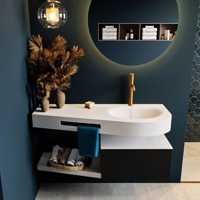 MONDIAZ RIVA 120cm badmeubel onderkast / planchet kleur Urban met 1 lade. Wastafel DULCET rechts 1 kraangat kleur Talc. MONDIAZ RIVA 120cm badmeubel onderkast / planchet kleur Urban met 1 lade. Wastafel DULCET rechts 1 kraangat kleur Talc.