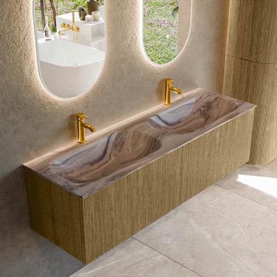 Badmeubel Mondiaz Kurve-Dlux | 150 cm | Meubelkleur Dusk | Wastafelkleur Sombra | Solid surface | Wasbak beide zijden spoelbak | 2 kraangaten