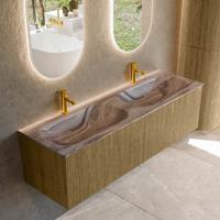 Badmeubel Mondiaz Kurve-Dlux | 150 cm | Meubelkleur Dusk | Wastafelkleur Sombra | Solid surface | Wasbak beide zijden spoelbak | 2 kraangaten