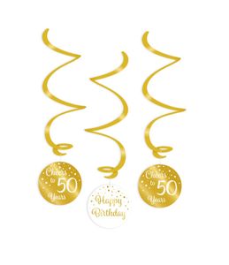 Hangdecoratie Swirls 50 Jaar Goud/Wit (3st)