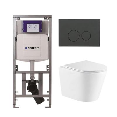 QeramiQ Dely Toiletset - 36.3x51.7cm - diepspoel - rimless - Geberit UP320 Burda inbouwreservoir - softclose toiletzitting - bedieningsplaat mat antraciet - ronde knoppen - wit mat SW543432/0701131/SW1102376