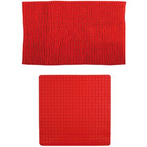 MSV Douche anti-slip mat en droogloop mat - Sevilla badkamer set - rubber/microvezel - rood