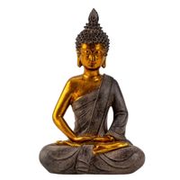 Boeddha beeldje zittend - binnen/buiten - kunststeen - betongrijs/goud - 26 x 17 cm