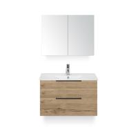 Seville Badmeubelset 80 cm - Natuur Eiken Edge greep - Wastafel Enjoy - met Spiegelkast