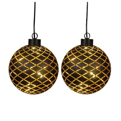 Verlichte kerstbal - 2x - goud?- D10 cm?- Diamant patroon - 8 LED lampjes - warm-wit - batterij