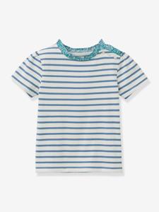 T-shirt met Bretonse strepen voor meisjes, Liberty® stof, biologisch katoen CYRILLUS, korte mouwen blauw
