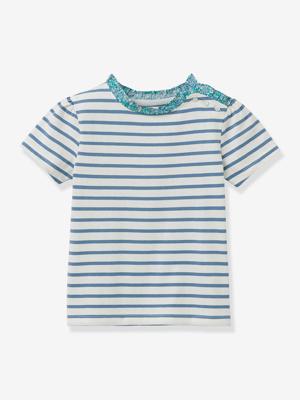 T-shirt met Bretonse strepen voor meisjes, Liberty® stof, biologisch katoen CYRILLUS, korte mouwen blauw