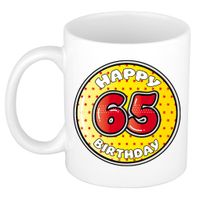 Verjaardag cadeau mok - 65 jaar - geel - sterretjes - 300 ml - keramiek - thumbnail