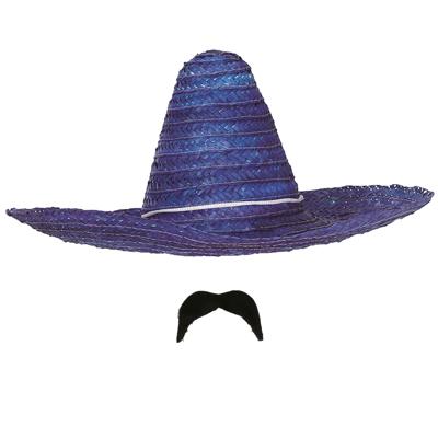Carnaval verkleed setje - Mexicaanse sombrero hoed met plak nepsnor - blauw - heren