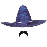 Carnaval verkleed setje - Mexicaanse sombrero hoed met plak nepsnor - blauw - heren