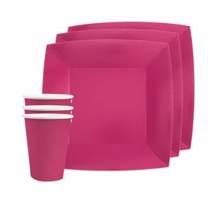 Feest/verjaardag servies set 20x gebaksbordjes en bekertjes - fuchsia roze - karton